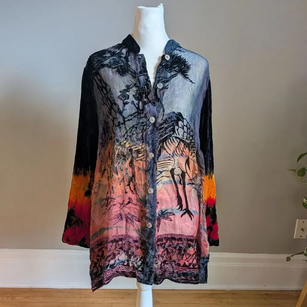 Vintage Y2K Citron Velvet Burnout Top Button Front Tie Dye Whimsygoth Size XL